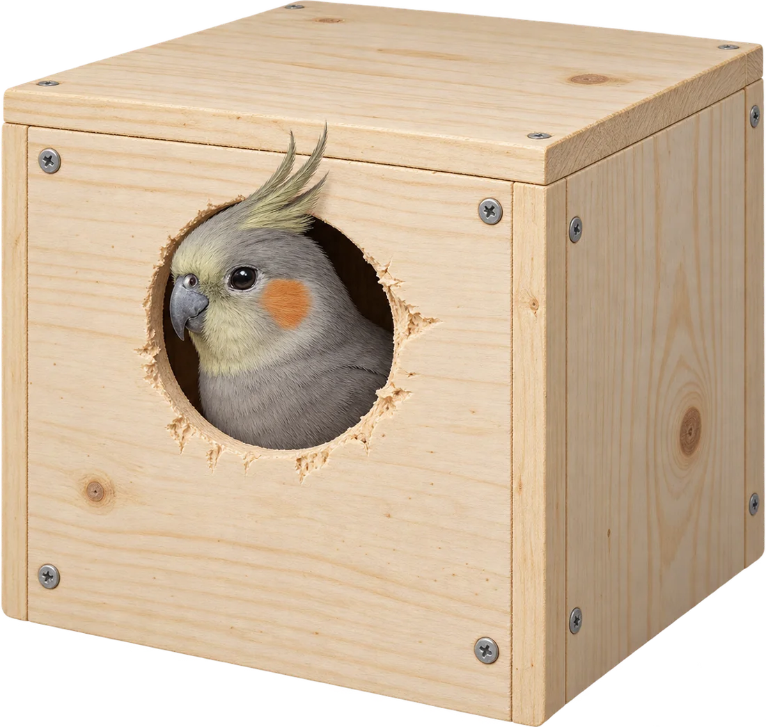 Femelle calopsitte à l'entrée d'un nichoir en bois